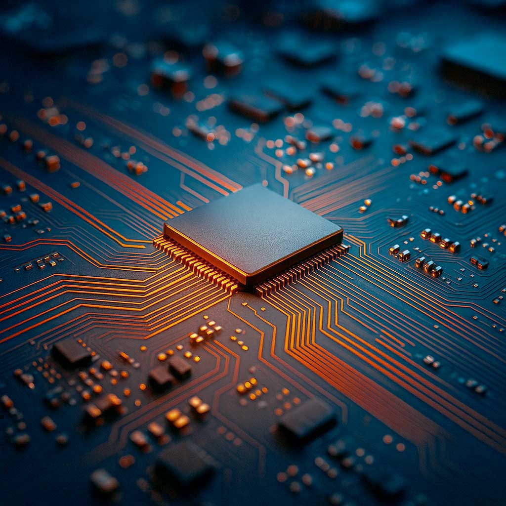 li2pps: Branche Elektronik: Darstellung einer Chipplatte mit einem Chip in der Mitte