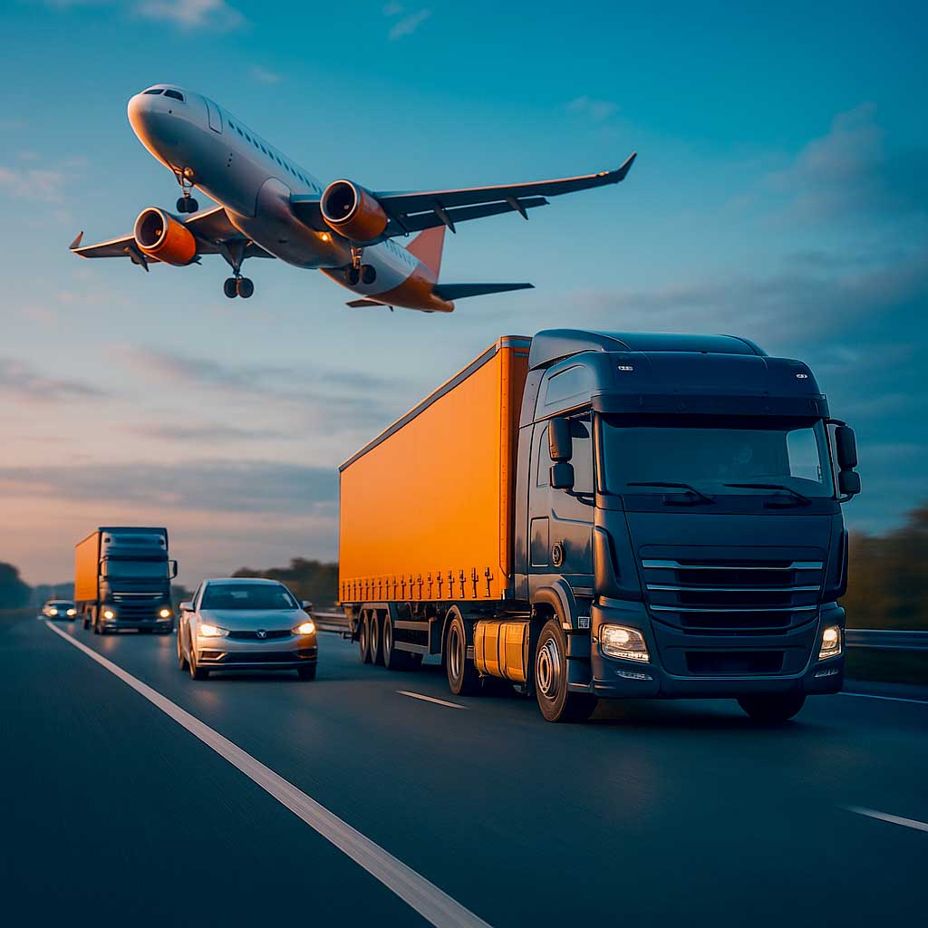 li2pps: Branche Mobility, Darstellung eines Flugzeigs, eines PKWs und eines LKWs auf der Autobahn