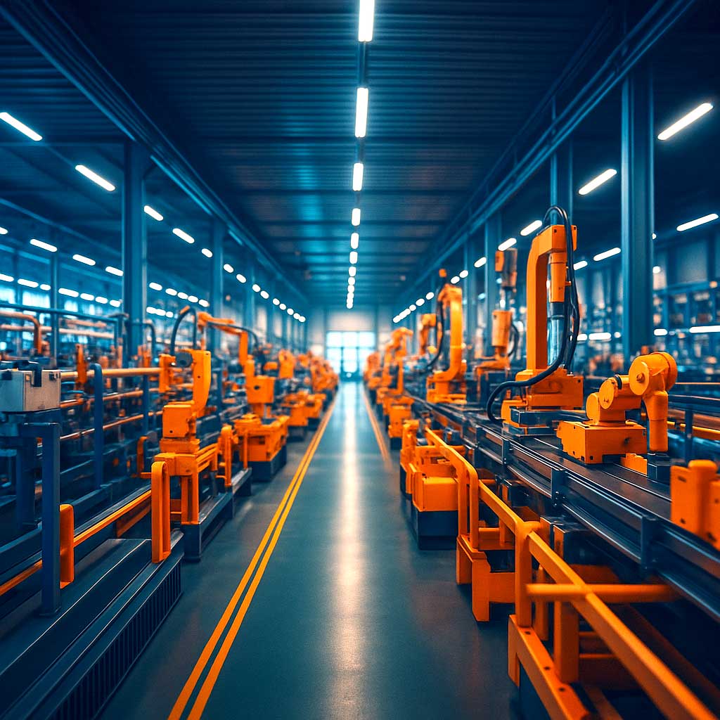 li2pps: Branche Produktion, Darstellung einer Fertigungshalle mit vielen Industrierobotern