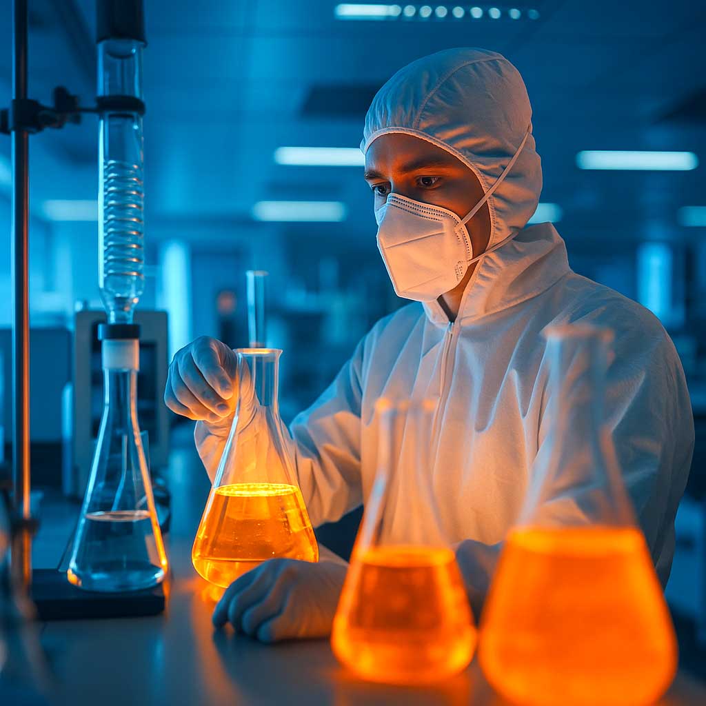 li2pps: Branche Wissenschaft, Darstellung eines Mannes im Schutzanzug und in einer FFP Maske in einem Labor