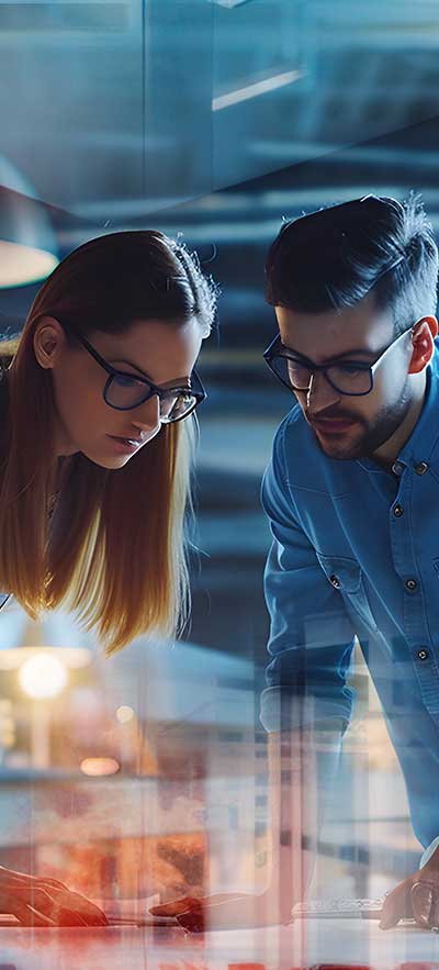li2pps-leistungen-header-rechts li2pps Header Leistungen Büro Motiv Komposition mit einer Frau und einem Mann bei der Projektplanung