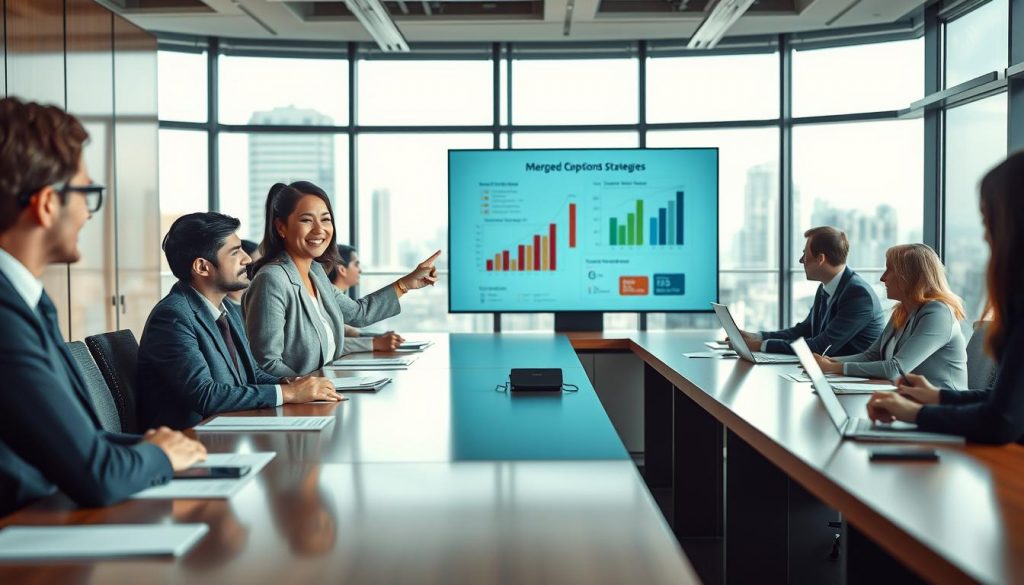 A corporate boardroom setting post-merger, with a long table surrounded by diverse professionals in business attire engaged in collaborative discussions. In the foreground, a cheerful female executive points at a digital screen displaying merged organizational charts and growth strategies, symbolizing integration success. In the middle ground, male and female colleagues exchange ideas, some taking notes and others using laptops, showcasing teamwork. The background features large windows with cityscape views, letting in soft, natural light that creates an uplifting atmosphere. The image is captured with a Sony A7R IV at 70mm, sharply focused and vividly colored, using a polarized filter to enhance details and contrast, conveying a mood of optimism and synergy in the post-merger integration process. A corporate boardroom setting post-merger, with a long table surrounded by diverse professionals in business attire engaged in collaborative discussions. In the foreground, a cheerful female executive points at a digital screen displaying merged organizational charts and growth strategies, symbolizing integration success. In the middle ground, male and female colleagues exchange ideas, some taking notes and others using laptops, showcasing teamwork. The background features large windows with cityscape views, letting in soft, natural light that creates an uplifting atmosphere. The image is captured with a Sony A7R IV at 70mm, sharply focused and vividly colored, using a polarized filter to enhance details and contrast, conveying a mood of optimism and synergy in the post-merger integration process.