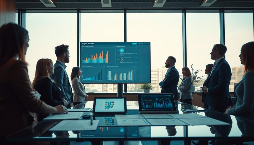 A corporate office environment showcasing a project management dashboard on a sleek monitor. In the foreground, a diverse team of professionals in business attire actively discussing key performance indicators, analyzing data charts and graphs displayed on the screen. The middle ground features a large glass table with various project documents and a digital tablet showing project timelines. In the background, large windows allow natural light to fill the room, creating a bright and inviting atmosphere. The image is shot with a Sony A7R IV at 70mm, delivering a clear focus on the team with a softly blurred background. This composition conveys a sense of collaboration and strategic planning in project controlling, with a professional and energetic mood. A corporate office environment showcasing a project management dashboard on a sleek monitor. In the foreground, a diverse team of professionals in business attire actively discussing key performance indicators, analyzing data charts and graphs displayed on the screen. The middle ground features a large glass table with various project documents and a digital tablet showing project timelines. In the background, large windows allow natural light to fill the room, creating a bright and inviting atmosphere. The image is shot with a Sony A7R IV at 70mm, delivering a clear focus on the team with a softly blurred background. This composition conveys a sense of collaboration and strategic planning in project controlling, with a professional and energetic mood.