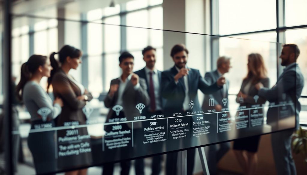 A creative and professional workspace showcasing a project milestone timeline on a modern digital board. In the foreground, a detailed representation of a timeline marked with distinct milestones, each represented by distinct icons and dates, showing progress and key achievements. In the middle ground, a diverse group of professionals in business attire, actively discussing and pointing at the timeline, emphasizing collaboration and strategic planning. The background features a sleek modern office environment with large windows allowing natural light to flood in, creating an optimistic and productive atmosphere. Shot on a Sony A7R IV, 70mm lens, utilizing a polarized filter for sharp focus and clarity, highlighting the importance of effective project planning without overwhelming complexity. A creative and professional workspace showcasing a project milestone timeline on a modern digital board. In the foreground, a detailed representation of a timeline marked with distinct milestones, each represented by distinct icons and dates, showing progress and key achievements. In the middle ground, a diverse group of professionals in business attire, actively discussing and pointing at the timeline, emphasizing collaboration and strategic planning. The background features a sleek modern office environment with large windows allowing natural light to flood in, creating an optimistic and productive atmosphere. Shot on a Sony A7R IV, 70mm lens, utilizing a polarized filter for sharp focus and clarity, highlighting the importance of effective project planning without overwhelming complexity.