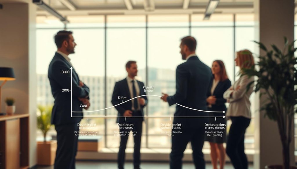 A detailed illustration depicting the fundamentals of the product life cycle. In the foreground, an elegant diagram showing the five phases: introduction, growth, maturity, decline, and decision points, visually represented with distinct colors and icons for clarity. In the middle ground, a diverse group of three professionals in business attire discuss the diagram, showing engagement and collaboration. The background consists of a bright, modern office setting with large windows allowing natural light to flood the space, creating a warm and inviting atmosphere. This scene is captured with a Sony A7R IV at 70mm, ensuring sharp focus and clear definition, enhanced by a polarized filter to reduce glare and enhance color vibrancy. The mood is professional and insightful, inviting viewers to reflect on effective product management strategies. A detailed illustration depicting the fundamentals of the product life cycle. In the foreground, an elegant diagram showing the five phases: introduction, growth, maturity, decline, and decision points, visually represented with distinct colors and icons for clarity. In the middle ground, a diverse group of three professionals in business attire discuss the diagram, showing engagement and collaboration. The background consists of a bright, modern office setting with large windows allowing natural light to flood the space, creating a warm and inviting atmosphere. This scene is captured with a Sony A7R IV at 70mm, ensuring sharp focus and clear definition, enhanced by a polarized filter to reduce glare and enhance color vibrancy. The mood is professional and insightful, inviting viewers to reflect on effective product management strategies.