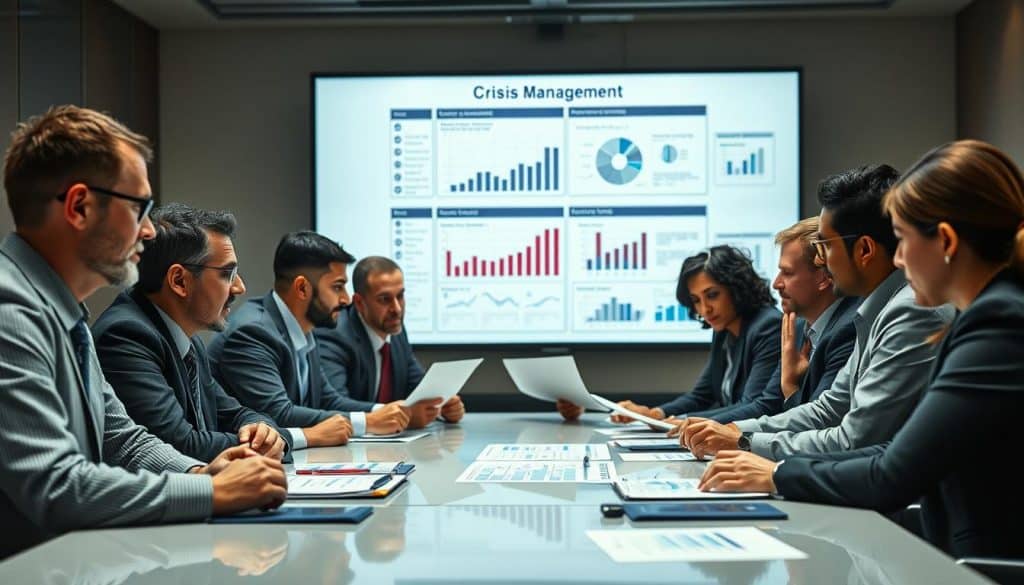 A diverse team of professionals engaged in a crisis management meeting around a modern conference table, with a large digital screen displaying strategic plans in the background. The foreground features a mix of men and women in professional business attire, actively discussing and analyzing graphs and data. The atmosphere is intense yet focused, with expressions of determination and collaboration. The lighting is bright and well-defined, creating a sense of urgency, as if every detail is critical. The shot is taken with a Sony A7R IV at 70mm, ensuring clear focus and sharp definition, enhanced by a polarized filter to emphasize the professionalism of the scene. A diverse team of professionals engaged in a crisis management meeting around a modern conference table, with a large digital screen displaying strategic plans in the background. The foreground features a mix of men and women in professional business attire, actively discussing and analyzing graphs and data. The atmosphere is intense yet focused, with expressions of determination and collaboration. The lighting is bright and well-defined, creating a sense of urgency, as if every detail is critical. The shot is taken with a Sony A7R IV at 70mm, ensuring clear focus and sharp definition, enhanced by a polarized filter to emphasize the professionalism of the scene.