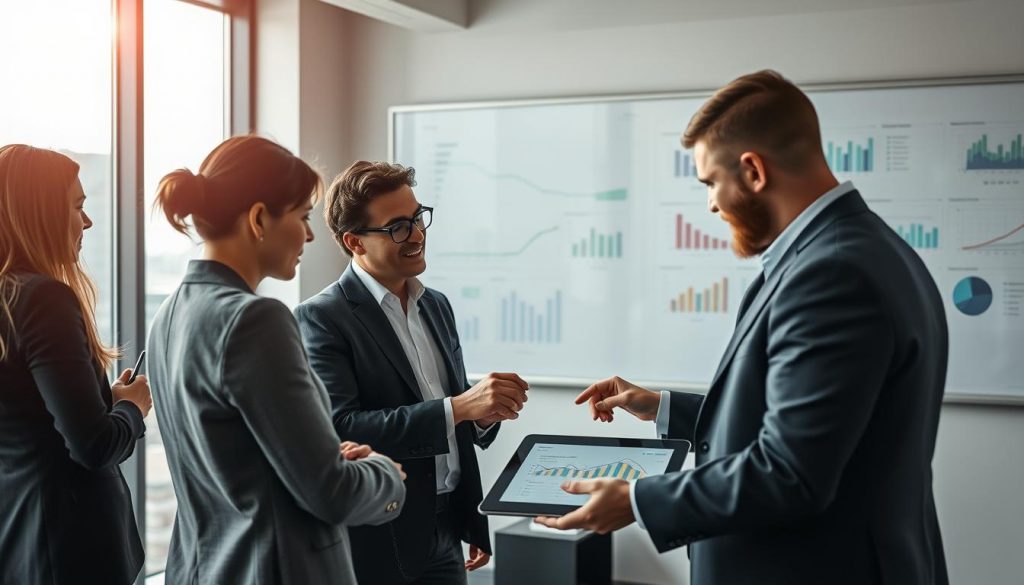 A dynamic and modern office space bustling with activity, representing "Neue Impulse in der Vertriebssteuerung". In the foreground, a diverse group of professionals in business attire engage in a strategic discussion around a digital tablet displaying sales analytics. In the middle, a large glass window reveals a city skyline, symbolizing growth and opportunity. The background features interactive whiteboards filled with colorful charts and graphs, illustrating innovative sales strategies. Soft, natural light filters through the window, creating an uplifting atmosphere. The scene conveys collaboration, forward-thinking, and motivation, with sharp focus and clarity captured as if shot on a Sony A7R IV at 70mm using a polarized filter, emphasizing the clarity and professionalism of the environment. A dynamic and modern office space bustling with activity, representing "Neue Impulse in der Vertriebssteuerung". In the foreground, a diverse group of professionals in business attire engage in a strategic discussion around a digital tablet displaying sales analytics. In the middle, a large glass window reveals a city skyline, symbolizing growth and opportunity. The background features interactive whiteboards filled with colorful charts and graphs, illustrating innovative sales strategies. Soft, natural light filters through the window, creating an uplifting atmosphere. The scene conveys collaboration, forward-thinking, and motivation, with sharp focus and clarity captured as if shot on a Sony A7R IV at 70mm using a polarized filter, emphasizing the clarity and professionalism of the environment.