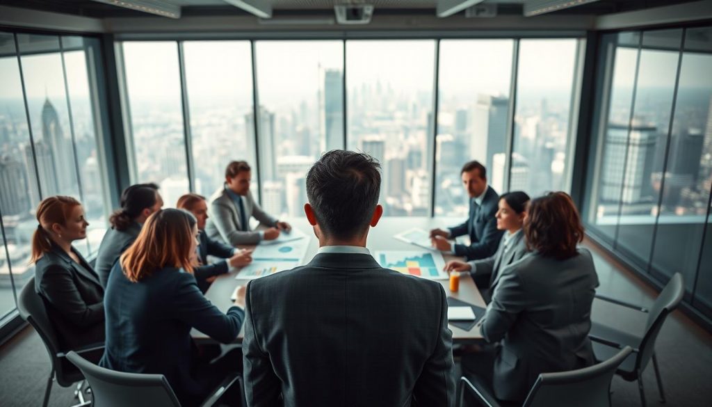 A high-level strategic meeting scene showcasing top management challenges in a modern corporate setting. In the foreground, a diverse group of executives, dressed in professional business attire, are engaged in a discussion, displaying focused expressions. The middle layer features a large conference table with charts and digital devices, illustrating data analysis and brainstorming efforts. In the background, a panoramic window reveals a city skyline, symbolizing the business environment. Soft, ambient lighting fills the room, enhancing a serious yet collaborative atmosphere. Shot on a Sony A7R IV, 70mm lens, with a polarized filter for clarity and vibrancy, emphasizing the executives' determination and focus on overcoming challenges. A high-level strategic meeting scene showcasing top management challenges in a modern corporate setting. In the foreground, a diverse group of executives, dressed in professional business attire, are engaged in a discussion, displaying focused expressions. The middle layer features a large conference table with charts and digital devices, illustrating data analysis and brainstorming efforts. In the background, a panoramic window reveals a city skyline, symbolizing the business environment. Soft, ambient lighting fills the room, enhancing a serious yet collaborative atmosphere. Shot on a Sony A7R IV, 70mm lens, with a polarized filter for clarity and vibrancy, emphasizing the executives' determination and focus on overcoming challenges.