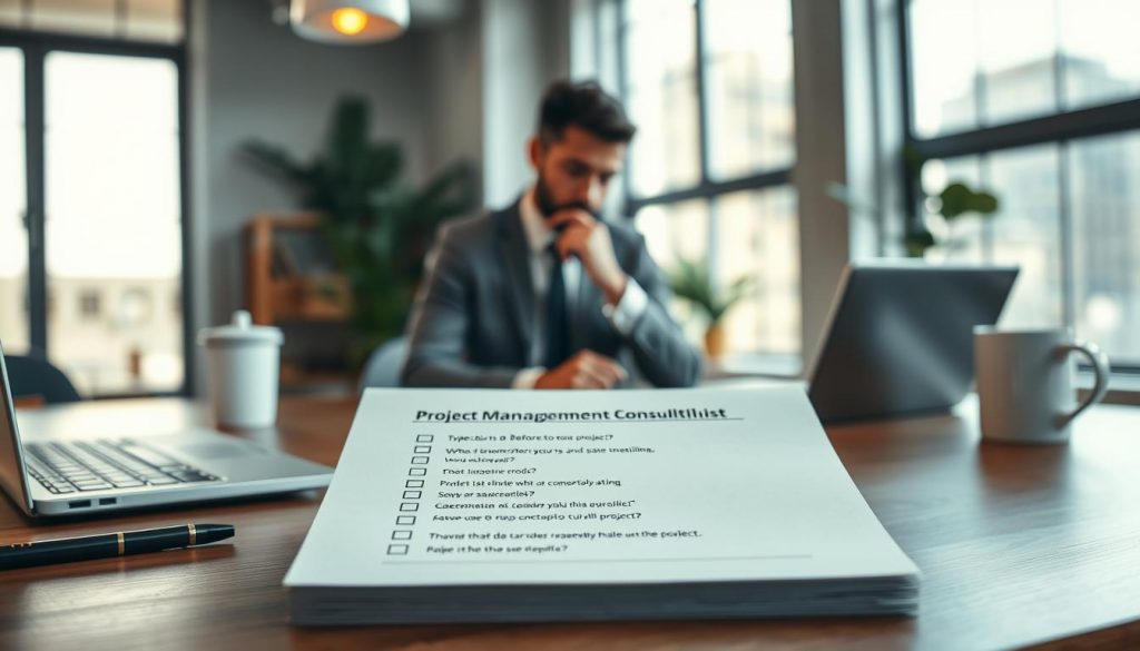 A modern checklist for project management consulting, prominently displayed on a sleek wooden desk, surrounded by business tools like a laptop, a coffee cup, and a notepad. In the foreground, the checklist features clear, bullet-pointed questions to consider before starting a project, each neatly organized. The middle ground features a focused person in professional business attire, thoughtfully reviewing the checklist. The background shows a bright, well-lit office space with large windows, allowing natural light to fill the room, enhancing the mood of productivity and clarity. This scene is shot with a Sony A7R IV at 70mm, ensuring sharp, well-defined details, enhanced by a polarized filter to minimize glare and enhance colors. A modern checklist for project management consulting, prominently displayed on a sleek wooden desk, surrounded by business tools like a laptop, a coffee cup, and a notepad. In the foreground, the checklist features clear, bullet-pointed questions to consider before starting a project, each neatly organized. The middle ground features a focused person in professional business attire, thoughtfully reviewing the checklist. The background shows a bright, well-lit office space with large windows, allowing natural light to fill the room, enhancing the mood of productivity and clarity. This scene is shot with a Sony A7R IV at 70mm, ensuring sharp, well-defined details, enhanced by a polarized filter to minimize glare and enhance colors.