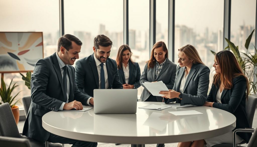 A modern corporate office setting, prominently featuring a round table with C-Level executives engaged in a dynamic discussion. In the foreground, two professionals in tailored suits, a man and a woman, are analyzing documents on a laptop, exchanging ideas with enthusiastic expressions. In the middle ground, a diverse group of businesspeople, both men and women, stands by a large window, overlooking a bustling cityscape, symbolizing growth and vision. The background displays sleek office decor with abstract art and plants, emphasizing a contemporary atmosphere. Soft, natural light filters through the large windows, creating an inviting ambiance. The image is shot with a Sony A7R IV at 70mm, showcasing sharp detail and vibrant colors, perfectly encapsulating the essence of C-Level management. A modern corporate office setting, prominently featuring a round table with C-Level executives engaged in a dynamic discussion. In the foreground, two professionals in tailored suits, a man and a woman, are analyzing documents on a laptop, exchanging ideas with enthusiastic expressions. In the middle ground, a diverse group of businesspeople, both men and women, stands by a large window, overlooking a bustling cityscape, symbolizing growth and vision. The background displays sleek office decor with abstract art and plants, emphasizing a contemporary atmosphere. Soft, natural light filters through the large windows, creating an inviting ambiance. The image is shot with a Sony A7R IV at 70mm, showcasing sharp detail and vibrant colors, perfectly encapsulating the essence of C-Level management.