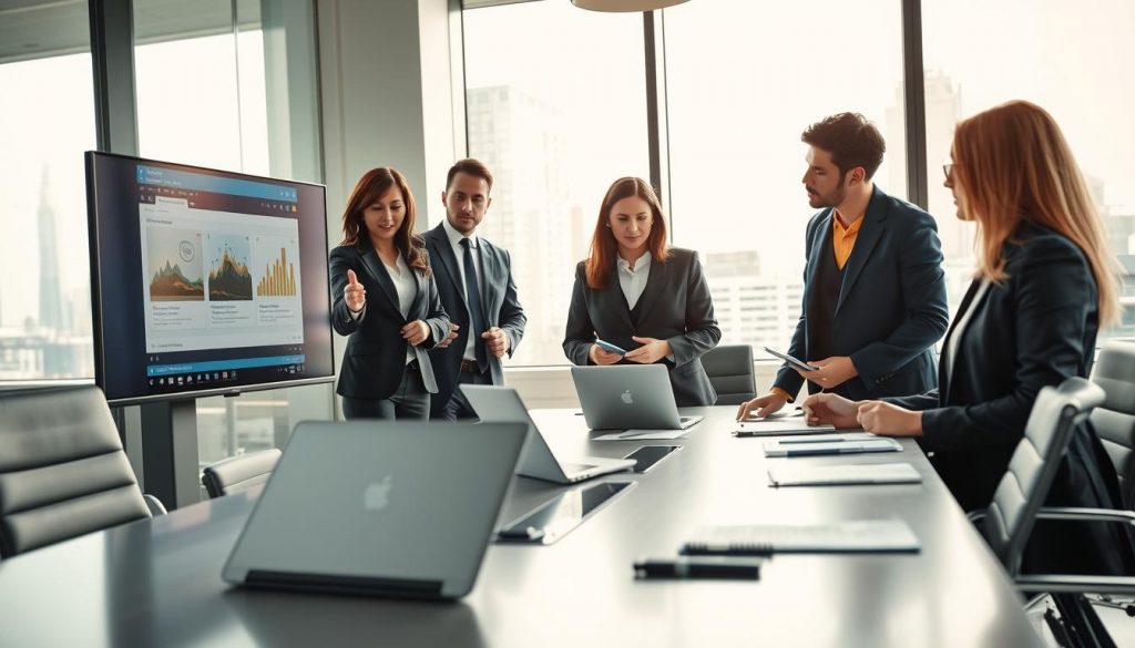 A modern executive office setting featuring a diverse group of professionals engaged in a strategic discussion. In the foreground, a confident woman in a tailored business suit is presenting a slide on a digital screen, while her colleagues, a man in a navy suit and a woman in a smart blazer, attentively review documents. The middle layer displays a sleek conference table with laptops, notebooks, and pens scattered around, emphasizing a collaborative atmosphere. The background reveals large windows with city views, allowing natural light to flood the room, creating a bright and productive feel. The overall mood is focused and dynamic, showcasing the essence of C-level consulting. Captured with a Sony A7R IV at 70mm, sharply defined and clearly focused with a polarized filter for enhanced clarity. A modern executive office setting featuring a diverse group of professionals engaged in a strategic discussion. In the foreground, a confident woman in a tailored business suit is presenting a slide on a digital screen, while her colleagues, a man in a navy suit and a woman in a smart blazer, attentively review documents. The middle layer displays a sleek conference table with laptops, notebooks, and pens scattered around, emphasizing a collaborative atmosphere. The background reveals large windows with city views, allowing natural light to flood the room, creating a bright and productive feel. The overall mood is focused and dynamic, showcasing the essence of C-level consulting. Captured with a Sony A7R IV at 70mm, sharply defined and clearly focused with a polarized filter for enhanced clarity.