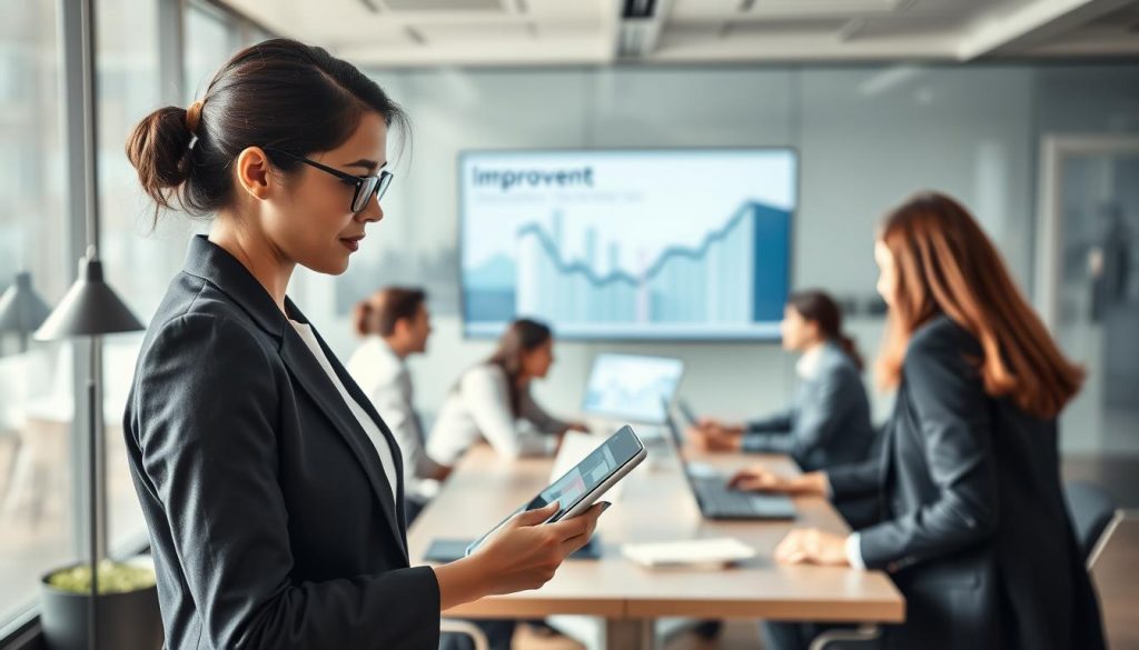 A modern office environment showcasing a team of diverse professionals engaging in a dynamic workflow. In the foreground, a businesswoman in professional attire analyzes performance metrics on a digital tablet, her focused expression conveying determination. In the middle, colleagues collaborate around a conference table, discussing improvement processes with charts and graphs displayed on a screen behind them. The background features a glass wall with a skyline view, symbolizing growth and ambition. The lighting is bright and airy, creating a positive and motivational atmosphere. Capture this scene with a Sony A7R IV at 70mm, clearly focused and sharply defined, using a polarized filter to enhance the clarity and vibrancy of colors. A modern office environment showcasing a team of diverse professionals engaging in a dynamic workflow. In the foreground, a businesswoman in professional attire analyzes performance metrics on a digital tablet, her focused expression conveying determination. In the middle, colleagues collaborate around a conference table, discussing improvement processes with charts and graphs displayed on a screen behind them. The background features a glass wall with a skyline view, symbolizing growth and ambition. The lighting is bright and airy, creating a positive and motivational atmosphere. Capture this scene with a Sony A7R IV at 70mm, clearly focused and sharply defined, using a polarized filter to enhance the clarity and vibrancy of colors.