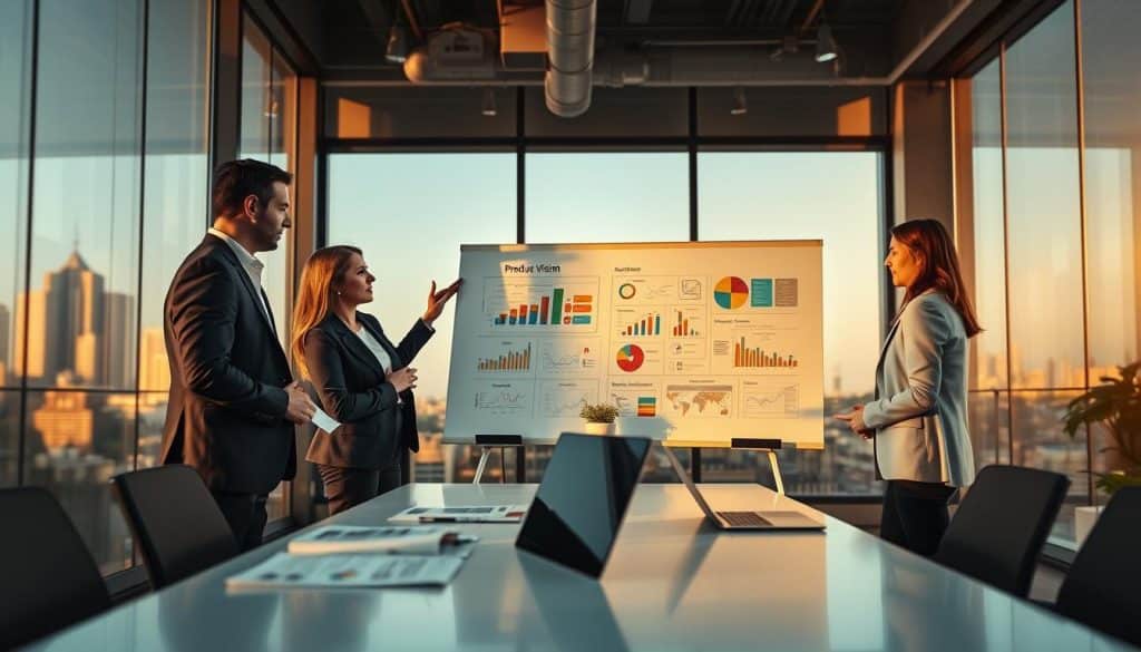 A modern office environment with professionals collaboratively discussing a product vision and strategic alignment. In the foreground, a diverse group of three businesspeople, dressed in smart business attire, are engaged around a whiteboard filled with colorful charts and diagrams illustrating their product strategy. In the middle ground, a sleek table holds reports and laptops displaying data analytics. The background features large windows revealing a city skyline, bathed in warm afternoon light. The atmosphere is focused and energetic, conveying innovation and teamwork. Shot on a Sony A7R IV 70mm, with a polarized filter, ensuring clarity and sharp definition, creating a sense of depth and professionalism in the image. A modern office environment with professionals collaboratively discussing a product vision and strategic alignment. In the foreground, a diverse group of three businesspeople, dressed in smart business attire, are engaged around a whiteboard filled with colorful charts and diagrams illustrating their product strategy. In the middle ground, a sleek table holds reports and laptops displaying data analytics. The background features large windows revealing a city skyline, bathed in warm afternoon light. The atmosphere is focused and energetic, conveying innovation and teamwork. Shot on a Sony A7R IV 70mm, with a polarized filter, ensuring clarity and sharp definition, creating a sense of depth and professionalism in the image.