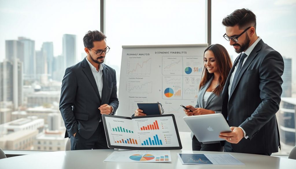 A modern office setting centered around the theme of economic feasibility analysis. In the foreground, a diverse group of three professionals, dressed in business attire, are examining financial charts and graphs on a sleek tablet. They display expressions of focus and collaboration. In the middle ground, a large whiteboard features colorful diagrams illustrating various methods of economic analysis, such as cost-benefit and break-even analyses. The background shows a panoramic window with a city skyline, bathed in soft natural light, creating a motivational atmosphere. Shot on a Sony A7R IV at 70mm, the image is sharply defined with a polarized filter, emphasizing details and clarity. The mood is professional, insightful, and dynamic, capturing the essence of a productive brainstorming session on economic viability. A modern office setting centered around the theme of economic feasibility analysis. In the foreground, a diverse group of three professionals, dressed in business attire, are examining financial charts and graphs on a sleek tablet. They display expressions of focus and collaboration. In the middle ground, a large whiteboard features colorful diagrams illustrating various methods of economic analysis, such as cost-benefit and break-even analyses. The background shows a panoramic window with a city skyline, bathed in soft natural light, creating a motivational atmosphere. Shot on a Sony A7R IV at 70mm, the image is sharply defined with a polarized filter, emphasizing details and clarity. The mood is professional, insightful, and dynamic, capturing the essence of a productive brainstorming session on economic viability.