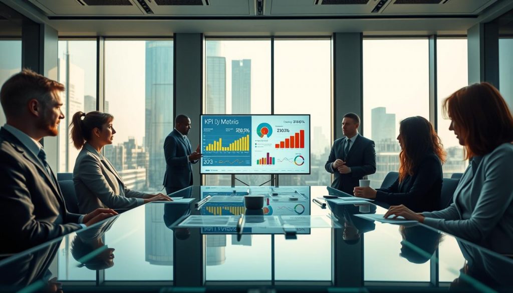 A modern office setting, featuring a sleek glass conference table in the foreground, surrounded by professionals in business attire engaged in deep discussion over KPI charts and financial reports. In the middle, a large digital screen displays colorful graphs and metrics on KPIs, cash flow, and balance sheets, illuminating the room with a soft glow. The background shows a city skyline through floor-to-ceiling windows, with natural sunlight streaming in, creating a dynamic and motivating atmosphere. The image should have a professional and focused mood, captured with a Sony A7R IV at 70mm, clearly focused and sharply defined, enhanced with a polarized filter to reduce glare and emphasize the vibrant colors of the charts. A modern office setting, featuring a sleek glass conference table in the foreground, surrounded by professionals in business attire engaged in deep discussion over KPI charts and financial reports. In the middle, a large digital screen displays colorful graphs and metrics on KPIs, cash flow, and balance sheets, illuminating the room with a soft glow. The background shows a city skyline through floor-to-ceiling windows, with natural sunlight streaming in, creating a dynamic and motivating atmosphere. The image should have a professional and focused mood, captured with a Sony A7R IV at 70mm, clearly focused and sharply defined, enhanced with a polarized filter to reduce glare and emphasize the vibrant colors of the charts.