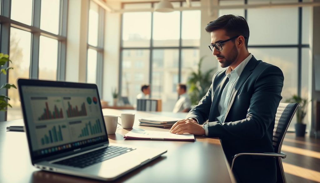 A modern office setting focused on digital bookkeeping. In the foreground, a sleek laptop displays graphs and spreadsheets, while a confident business professional in smart attire studies the screen intently. The middle ground features a stylish desk with organized files and a coffee cup, symbolizing efficiency. In the background, large windows allow natural light to flood the room, creating an uplifting atmosphere. Soft shadows emphasize the contours of the space, while a clean, minimalist design highlights the theme of streamlined workflow. The image captures a sense of productivity and innovation with a warm color palette, shot at 70mm on a Sony A7R IV with a polarized filter for clarity and sharpness. A modern office setting focused on digital bookkeeping. In the foreground, a sleek laptop displays graphs and spreadsheets, while a confident business professional in smart attire studies the screen intently. The middle ground features a stylish desk with organized files and a coffee cup, symbolizing efficiency. In the background, large windows allow natural light to flood the room, creating an uplifting atmosphere. Soft shadows emphasize the contours of the space, while a clean, minimalist design highlights the theme of streamlined workflow. The image captures a sense of productivity and innovation with a warm color palette, shot at 70mm on a Sony A7R IV with a polarized filter for clarity and sharpness.