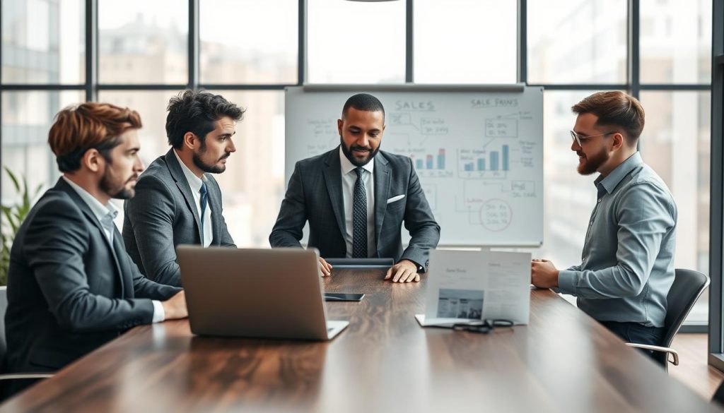 A modern office space with a diverse and dynamic sales team collaborating around a large conference table. In the foreground, a group of three professionals, two men and one woman, all dressed in smart business attire, engaged in a discussion over sales data displayed on a laptop. The middle ground features a large whiteboard with flowcharts and sales strategies sketched out, while a wall of windows in the background floods the room with soft, natural light, enhancing the focused atmosphere. The composition captures a sense of teamwork and efficiency, showcasing the vital elements of leadership and coordination. The image is shot on a Sony A7R IV with a 70mm lens, using a polarized filter to ensure vibrant colors and sharp details. A modern office space with a diverse and dynamic sales team collaborating around a large conference table. In the foreground, a group of three professionals, two men and one woman, all dressed in smart business attire, engaged in a discussion over sales data displayed on a laptop. The middle ground features a large whiteboard with flowcharts and sales strategies sketched out, while a wall of windows in the background floods the room with soft, natural light, enhancing the focused atmosphere. The composition captures a sense of teamwork and efficiency, showcasing the vital elements of leadership and coordination. The image is shot on a Sony A7R IV with a 70mm lens, using a polarized filter to ensure vibrant colors and sharp details.