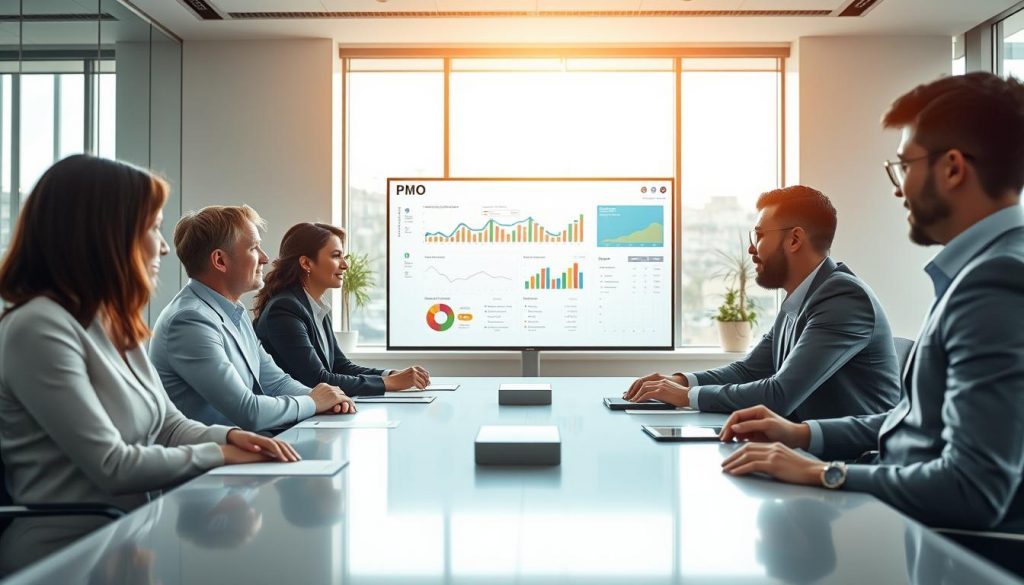 A professional Project Management Office (PMO) team collaborating in a bright, modern office environment. In the foreground, a diverse group of three team members, a woman and two men, are seated around a sleek conference table, intently discussing data displayed on a digital screen. They are dressed in smart business attire, showcasing teamwork and focus. In the middle, a large screen shows colorful graphs and project timelines, emphasizing effective reporting. The background features large windows with natural light pouring in, enhancing the atmosphere of productivity and transparency. The image is shot with a Sony A7R IV at 70mm, ensuring clear focus and sharp definition, with a polarized filter for vibrant colors and detail, reflecting an inspiring mood of collaboration and efficiency. A professional Project Management Office (PMO) team collaborating in a bright, modern office environment. In the foreground, a diverse group of three team members, a woman and two men, are seated around a sleek conference table, intently discussing data displayed on a digital screen. They are dressed in smart business attire, showcasing teamwork and focus. In the middle, a large screen shows colorful graphs and project timelines, emphasizing effective reporting. The background features large windows with natural light pouring in, enhancing the atmosphere of productivity and transparency. The image is shot with a Sony A7R IV at 70mm, ensuring clear focus and sharp definition, with a polarized filter for vibrant colors and detail, reflecting an inspiring mood of collaboration and efficiency.