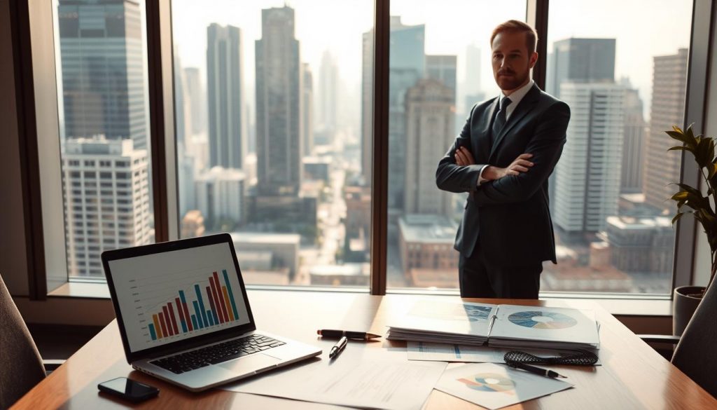 A professional business consultant, dressed in formal attire, stands confidently in a modern office setting, analyzing project management materials. In the foreground, a table displays neatly organized documents and a laptop showing charts and graphs. In the middle ground, a large window reveals a bustling cityscape, with skyscrapers in the background, symbolizing growth and opportunity. Soft, natural light filters through the window, creating a warm and inviting atmosphere. The image should capture the essence of external project management, emphasizing professionalism and collaboration. Shot on a Sony A7R IV at 70mm, the scene is clearly focused and sharply defined, enhanced with a polarized filter to reduce glare and enhance colors. The overall mood is optimistic and inspiring. A professional business consultant, dressed in formal attire, stands confidently in a modern office setting, analyzing project management materials. In the foreground, a table displays neatly organized documents and a laptop showing charts and graphs. In the middle ground, a large window reveals a bustling cityscape, with skyscrapers in the background, symbolizing growth and opportunity. Soft, natural light filters through the window, creating a warm and inviting atmosphere. The image should capture the essence of external project management, emphasizing professionalism and collaboration. Shot on a Sony A7R IV at 70mm, the scene is clearly focused and sharply defined, enhanced with a polarized filter to reduce glare and enhance colors. The overall mood is optimistic and inspiring.