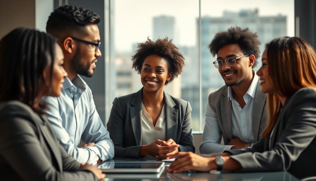 A professional business meeting in a modern office setting. The foreground features a diverse group of three individuals engaged in a collaborative discussion, all wearing professional attire. In the middle ground, a large transparent glass wall subtly reflects their faces, conveying clarity and openness in communication. The background includes a sleek conference table with digital devices and a muted cityscape visible through the glass, emphasizing a sense of transparency. Natural light floods the room, highlighting the interplay of shadows and reflections. The atmosphere is optimistic and focused, underscoring the importance of transparent communication that fosters acceptance and alleviates uncertainty. Shot on a Sony A7R IV with a 70mm lens, sharply defined, with a polarized filter enhancing the clarity. A professional business meeting in a modern office setting. The foreground features a diverse group of three individuals engaged in a collaborative discussion, all wearing professional attire. In the middle ground, a large transparent glass wall subtly reflects their faces, conveying clarity and openness in communication. The background includes a sleek conference table with digital devices and a muted cityscape visible through the glass, emphasizing a sense of transparency. Natural light floods the room, highlighting the interplay of shadows and reflections. The atmosphere is optimistic and focused, underscoring the importance of transparent communication that fosters acceptance and alleviates uncertainty. Shot on a Sony A7R IV with a 70mm lens, sharply defined, with a polarized filter enhancing the clarity.