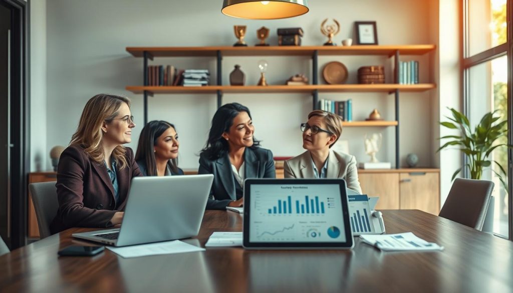 A professional business meeting scene illustrating the concept of "Analyse der Unternehmensnachfolge". In the foreground, a diverse group of three business professionals in smart business attire are engaged in discussion, representing the key roles in succession planning. In the middle ground, a modern conference table with laptops, documents, and a digital tablet displaying charts and graphs related to succession strategies. The background features a large window with soft natural light, casting a welcoming atmosphere. Add shelves displaying business books and awards, subtly hinting at expertise and achievement. The image should be shot on a Sony A7R IV at 70mm, ensuring a clear focus and sharp definition with a polarized filter to enhance clarity and vibrancy. Aim for a professional and collaborative mood. A professional business meeting scene illustrating the concept of "Analyse der Unternehmensnachfolge". In the foreground, a diverse group of three business professionals in smart business attire are engaged in discussion, representing the key roles in succession planning. In the middle ground, a modern conference table with laptops, documents, and a digital tablet displaying charts and graphs related to succession strategies. The background features a large window with soft natural light, casting a welcoming atmosphere. Add shelves displaying business books and awards, subtly hinting at expertise and achievement. The image should be shot on a Sony A7R IV at 70mm, ensuring a clear focus and sharp definition with a polarized filter to enhance clarity and vibrancy. Aim for a professional and collaborative mood.