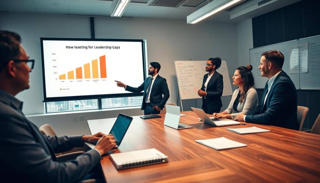 A professional business meeting taking place in a modern, well-lit conference room. In the foreground, a diverse group of three business professionals, dressed in smart business attire, are engaged in a discussion. One person is pointing to a digital presentation projected on a screen, illustrating a graph showing leadership gaps. In the middle ground, a large wooden conference table holds notebooks and laptops, while a window with city views allows natural light to stream in, enhancing the atmosphere. In the background, a whiteboard filled with strategic notes suggests an active brainstorming session. The overall mood conveys urgency and collaboration, emphasizing the importance of quick action in leadership transitions. Shot with a Sony A7R IV at 70mm, using a polarized filter for clarity and a professional finish. A professional business meeting taking place in a modern, well-lit conference room. In the foreground, a diverse group of three business professionals, dressed in smart business attire, are engaged in a discussion. One person is pointing to a digital presentation projected on a screen, illustrating a graph showing leadership gaps. In the middle ground, a large wooden conference table holds notebooks and laptops, while a window with city views allows natural light to stream in, enhancing the atmosphere. In the background, a whiteboard filled with strategic notes suggests an active brainstorming session. The overall mood conveys urgency and collaboration, emphasizing the importance of quick action in leadership transitions. Shot with a Sony A7R IV at 70mm, using a polarized filter for clarity and a professional finish.