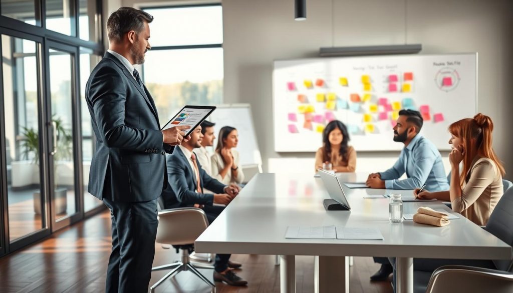 A professional business setting featuring a diverse group of individuals engaged in a goal-setting workshop. In the foreground, a business coach stands presenting a personalized action plan on a digital tablet, dressed in smart business attire. The middle ground showcases participants sitting at a sleek, modern conference table, taking notes and discussing strategies, reflecting determination and collaboration. The background features a large whiteboard filled with colorful post-it notes and diagrams symbolizing individual goals. The scene is well-lit with natural light streaming through large windows, enhancing a vibrant, focused atmosphere. Shot on a Sony A7R IV at 70mm, with clear focus and a sharply defined image quality, using a polarized filter to deepen colors and contrast. A professional business setting featuring a diverse group of individuals engaged in a goal-setting workshop. In the foreground, a business coach stands presenting a personalized action plan on a digital tablet, dressed in smart business attire. The middle ground showcases participants sitting at a sleek, modern conference table, taking notes and discussing strategies, reflecting determination and collaboration. The background features a large whiteboard filled with colorful post-it notes and diagrams symbolizing individual goals. The scene is well-lit with natural light streaming through large windows, enhancing a vibrant, focused atmosphere. Shot on a Sony A7R IV at 70mm, with clear focus and a sharply defined image quality, using a polarized filter to deepen colors and contrast.
