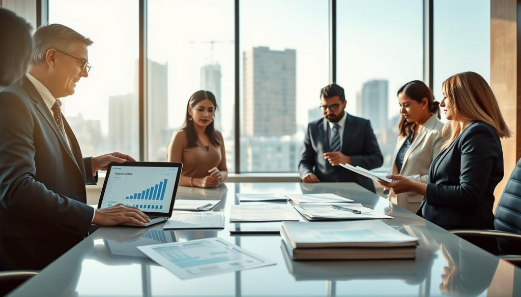 A professional business setting showcasing a diverse group of business people engaged in a detailed discussion about due diligence in a well-lit conference room. In the foreground, a middle-aged Caucasian man in a tailored suit points to a laptop screen displaying financial graphs, while a South Asian woman in a smart dress takes notes on a pad. The middle layer features documents and reports spread across a sleek table, highlighting key aspects of corporate acquisition. In the background, a large window reveals a city skyline, bathing the room in natural light. The atmosphere is focused and collaborative, embodying the seriousness and importance of due diligence. Shot with a Sony A7R IV at 70mm, the image is sharply defined with a polarized filter enhancing colors and details. A professional business setting showcasing a diverse group of business people engaged in a detailed discussion about due diligence in a well-lit conference room. In the foreground, a middle-aged Caucasian man in a tailored suit points to a laptop screen displaying financial graphs, while a South Asian woman in a smart dress takes notes on a pad. The middle layer features documents and reports spread across a sleek table, highlighting key aspects of corporate acquisition. In the background, a large window reveals a city skyline, bathing the room in natural light. The atmosphere is focused and collaborative, embodying the seriousness and importance of due diligence. Shot with a Sony A7R IV at 70mm, the image is sharply defined with a polarized filter enhancing colors and details.
