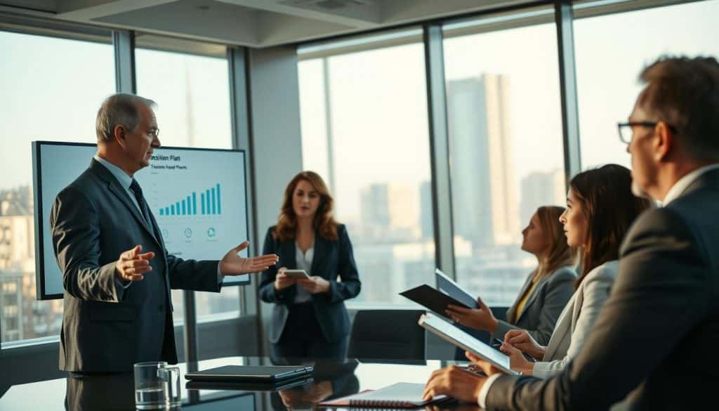 A professional corporate boardroom scene depicting a diverse group of business executives engaged in a strategic discussion. In the foreground, a middle-aged man in a sharp suit is presenting a transition plan, gesturing toward a digital screen displaying graphs and charts. The middle ground features two women and another man, all attired in professional business attire, actively taking notes and engaged in conversation. The background showcases a modern office setting with large windows revealing a cityscape, casting soft afternoon light that creates a warm, focused atmosphere. The image is shot with a Sony A7R IV at 70mm, ensuring clear focus and sharp definition, enhanced by a polarized filter for vibrant colors. The mood is serious yet collaborative, emphasizing the importance of effective succession planning. A professional corporate boardroom scene depicting a diverse group of business executives engaged in a strategic discussion. In the foreground, a middle-aged man in a sharp suit is presenting a transition plan, gesturing toward a digital screen displaying graphs and charts. The middle ground features two women and another man, all attired in professional business attire, actively taking notes and engaged in conversation. The background showcases a modern office setting with large windows revealing a cityscape, casting soft afternoon light that creates a warm, focused atmosphere. The image is shot with a Sony A7R IV at 70mm, ensuring clear focus and sharp definition, enhanced by a polarized filter for vibrant colors. The mood is serious yet collaborative, emphasizing the importance of effective succession planning.