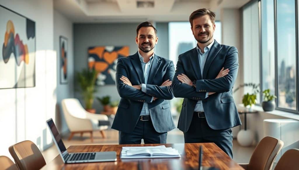 A professional interim manager in a sleek, modern office setting, standing confidently with arms crossed, dressed in a sharp navy suit and a light blue shirt, exuding authority and competence. In the foreground, a polished wooden desk with a laptop and documents, hinting at ongoing projects. The middle ground features a large window showcasing a vibrant cityscape, with soft daylight filtering through, creating an inspiring atmosphere. The background includes contemporary office decor, like abstract art and indoor plants, enhancing a sense of innovation. The image is shot with a Sony A7R IV at 70mm, with a polarized filter to create rich colors and clear details, conveying a professional and motivating mood. A professional interim manager in a sleek, modern office setting, standing confidently with arms crossed, dressed in a sharp navy suit and a light blue shirt, exuding authority and competence. In the foreground, a polished wooden desk with a laptop and documents, hinting at ongoing projects. The middle ground features a large window showcasing a vibrant cityscape, with soft daylight filtering through, creating an inspiring atmosphere. The background includes contemporary office decor, like abstract art and indoor plants, enhancing a sense of innovation. The image is shot with a Sony A7R IV at 70mm, with a polarized filter to create rich colors and clear details, conveying a professional and motivating mood.