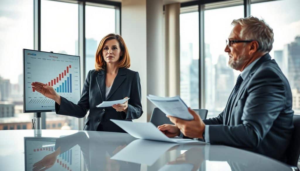 A professional setting depicting three individuals: an interim CEO, CFO, and Sales Manager, all in business attire, discussing strategy in a modern office environment. The CEO is a middle-aged woman with shoulder-length brown hair, confidently presenting a chart on a digital screen. The CFO, a young man with glasses and a neatly trimmed beard, is sitting at a sleek conference table, analyzing financial documents. The Sales Manager, an older man with gray hair, is leaning forward, engaged in the conversation. In the background, large windows reveal a city skyline, with natural light streaming in, creating a bright and dynamic atmosphere. The image is sharply defined, shot at 70mm with a Sony A7R IV, emphasizing clarity and detail, using a polarized filter to enhance colors. A professional setting depicting three individuals: an interim CEO, CFO, and Sales Manager, all in business attire, discussing strategy in a modern office environment. The CEO is a middle-aged woman with shoulder-length brown hair, confidently presenting a chart on a digital screen. The CFO, a young man with glasses and a neatly trimmed beard, is sitting at a sleek conference table, analyzing financial documents. The Sales Manager, an older man with gray hair, is leaning forward, engaged in the conversation. In the background, large windows reveal a city skyline, with natural light streaming in, creating a bright and dynamic atmosphere. The image is sharply defined, shot at 70mm with a Sony A7R IV, emphasizing clarity and detail, using a polarized filter to enhance colors.