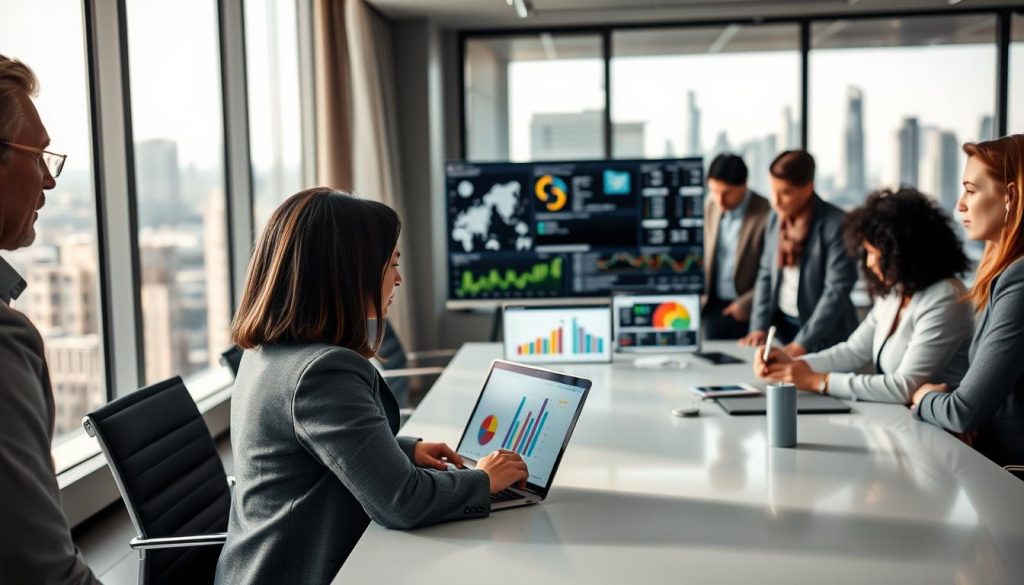 A professional setting showcasing a diverse group of business analysts gathered around a sleek conference table, engaging in a meaningful discussion about interpreting data. In the foreground, focus on a middle-aged woman in business attire, analyzing colorful charts and graphs displayed on a laptop. The middle ground features a mixture of modern digital screens with key performance indicators (KPIs) visually represented. In the background, a large window reveals a city skyline, allowing natural light to flood the room, creating a bright and focused atmosphere. Shot on a Sony A7R IV at 70mm, with a polarized filter ensuring clarity and sharpness across the image, conveying a sense of professionalism and collaboration in decision-making. A professional setting showcasing a diverse group of business analysts gathered around a sleek conference table, engaging in a meaningful discussion about interpreting data. In the foreground, focus on a middle-aged woman in business attire, analyzing colorful charts and graphs displayed on a laptop. The middle ground features a mixture of modern digital screens with key performance indicators (KPIs) visually represented. In the background, a large window reveals a city skyline, allowing natural light to flood the room, creating a bright and focused atmosphere. Shot on a Sony A7R IV at 70mm, with a polarized filter ensuring clarity and sharpness across the image, conveying a sense of professionalism and collaboration in decision-making.