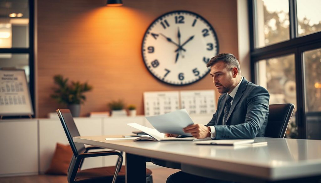 A serene office environment emphasizing the concept of succession planning over the years. In the foreground, a well-groomed professional man in a tailored suit is seated at a modern desk, thoughtfully reviewing documents and a laptop, reflecting diligence and foresight in business. The middle ground features a large wall clock symbolizing the passage of time, with subtle hints of a calendar marked with future dates, emphasizing planning. In the background, large windows let in warm, natural light, creating an inviting and motivating atmosphere. The scene is shot with a Sony A7R IV at 70mm, ensuring sharp definition and clarity, with a polarized filter enhancing the colors, conveying a sense of professionalism and purpose. A serene office environment emphasizing the concept of succession planning over the years. In the foreground, a well-groomed professional man in a tailored suit is seated at a modern desk, thoughtfully reviewing documents and a laptop, reflecting diligence and foresight in business. The middle ground features a large wall clock symbolizing the passage of time, with subtle hints of a calendar marked with future dates, emphasizing planning. In the background, large windows let in warm, natural light, creating an inviting and motivating atmosphere. The scene is shot with a Sony A7R IV at 70mm, ensuring sharp definition and clarity, with a polarized filter enhancing the colors, conveying a sense of professionalism and purpose.