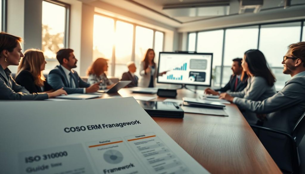 A serene office environment showcasing a diverse team of professionals engaged in dynamic discussions around a large conference table covered with documents, charts, and digital tablets related to risk management methodologies. In the foreground, a close-up of an ISO 31000 guide and COSO ERM framework document prominently displayed. In the middle ground, a woman in a smart business suit points at a digital screen displaying data risk analysis. The background features a modern office with large windows letting in warm, natural light, creating an inviting atmosphere. Shot on a Sony A7R IV with a 70mm lens, capturing sharp, detailed images enhanced with a polarized filter, conveying professionalism and collaborative energy in a harmonious setting. A serene office environment showcasing a diverse team of professionals engaged in dynamic discussions around a large conference table covered with documents, charts, and digital tablets related to risk management methodologies. In the foreground, a close-up of an ISO 31000 guide and COSO ERM framework document prominently displayed. In the middle ground, a woman in a smart business suit points at a digital screen displaying data risk analysis. The background features a modern office with large windows letting in warm, natural light, creating an inviting atmosphere. Shot on a Sony A7R IV with a 70mm lens, capturing sharp, detailed images enhanced with a polarized filter, conveying professionalism and collaborative energy in a harmonious setting.