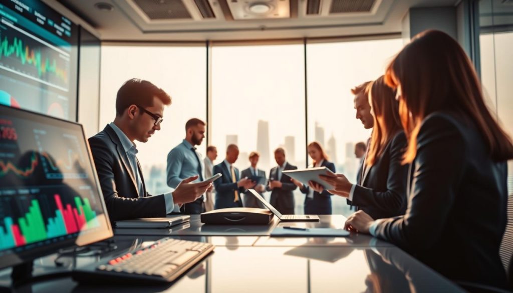 A vibrant and dynamic digital landscape portraying a "world of key figures." In the foreground, a sleek, modern office desk equipped with advanced digital displays showcasing colorful graphs and analytics. The middle ground features a group of diverse business professionals, dressed in sharp business attire, collaboratively analyzing data on tablets, emphasizing teamwork and innovation. In the background, panoramic windows reveal a city skyline bathed in soft daylight, symbolizing connectivity and growth. The atmosphere is one of focused energy, driven by technology and transparency. Shot on a Sony A7R IV at 70mm, ensuring a clearly focused and sharply defined image, enhanced with a polarized filter to enrich colors and contrast. A vibrant and dynamic digital landscape portraying a "world of key figures." In the foreground, a sleek, modern office desk equipped with advanced digital displays showcasing colorful graphs and analytics. The middle ground features a group of diverse business professionals, dressed in sharp business attire, collaboratively analyzing data on tablets, emphasizing teamwork and innovation. In the background, panoramic windows reveal a city skyline bathed in soft daylight, symbolizing connectivity and growth. The atmosphere is one of focused energy, driven by technology and transparency. Shot on a Sony A7R IV at 70mm, ensuring a clearly focused and sharply defined image, enhanced with a polarized filter to enrich colors and contrast.