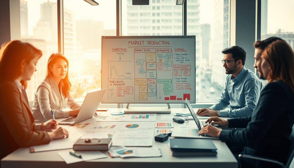 A vibrant concept illustration of "Fundamentals of Market Introduction," showcasing a modern office environment. In the foreground, a diverse group of professionals in business attire, collaborating around a large table strewn with charts, laptops, and marketing materials, deep in discussion. The middle ground features a whiteboard filled with colorful diagrams and strategies, highlighting key market entry points and timelines. In the background, large windows let in natural light, illuminating urban scenery. The composition is shot with a Sony A7R IV at 70mm, using a polarized filter for crispness, focusing on the expressions of determination and teamwork among the business professionals. The atmosphere feels dynamic and innovative, embodying the spirit of a successful product launch strategy. A vibrant concept illustration of "Fundamentals of Market Introduction," showcasing a modern office environment. In the foreground, a diverse group of professionals in business attire, collaborating around a large table strewn with charts, laptops, and marketing materials, deep in discussion. The middle ground features a whiteboard filled with colorful diagrams and strategies, highlighting key market entry points and timelines. In the background, large windows let in natural light, illuminating urban scenery. The composition is shot with a Sony A7R IV at 70mm, using a polarized filter for crispness, focusing on the expressions of determination and teamwork among the business professionals. The atmosphere feels dynamic and innovative, embodying the spirit of a successful product launch strategy.