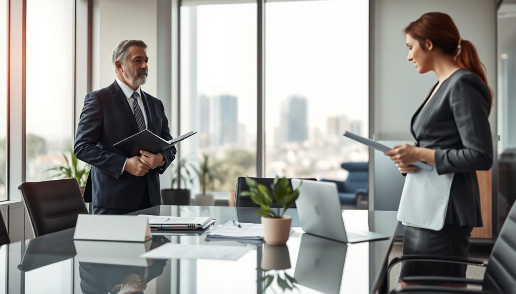 A business meeting scene featuring a Verkäufer (seller) and Käufer (buyer) engaged in a professional discussion. The Verkäufer, a middle-aged man in a tailored navy suit, stands confidently with a folder of documents in hand, while the Käufer, a young woman in a smart gray business dress, attentively listens and takes notes. In the foreground, they are surrounded by a polished glass conference table adorned with a laptop, financial reports, and a plant. The middle ground features a softly blurred office environment with large windows allowing natural light to fill the room, creating a bright and open atmosphere. The background hints at a cityscape, symbolizing the market potential. Captured with a Sony A7R IV at 70mm, the image is sharply defined, using a polarized filter for enhanced clarity, conveying a sense of professionalism and focus. A business meeting scene featuring a Verkäufer (seller) and Käufer (buyer) engaged in a professional discussion. The Verkäufer, a middle-aged man in a tailored navy suit, stands confidently with a folder of documents in hand, while the Käufer, a young woman in a smart gray business dress, attentively listens and takes notes. In the foreground, they are surrounded by a polished glass conference table adorned with a laptop, financial reports, and a plant. The middle ground features a softly blurred office environment with large windows allowing natural light to fill the room, creating a bright and open atmosphere. The background hints at a cityscape, symbolizing the market potential. Captured with a Sony A7R IV at 70mm, the image is sharply defined, using a polarized filter for enhanced clarity, conveying a sense of professionalism and focus.