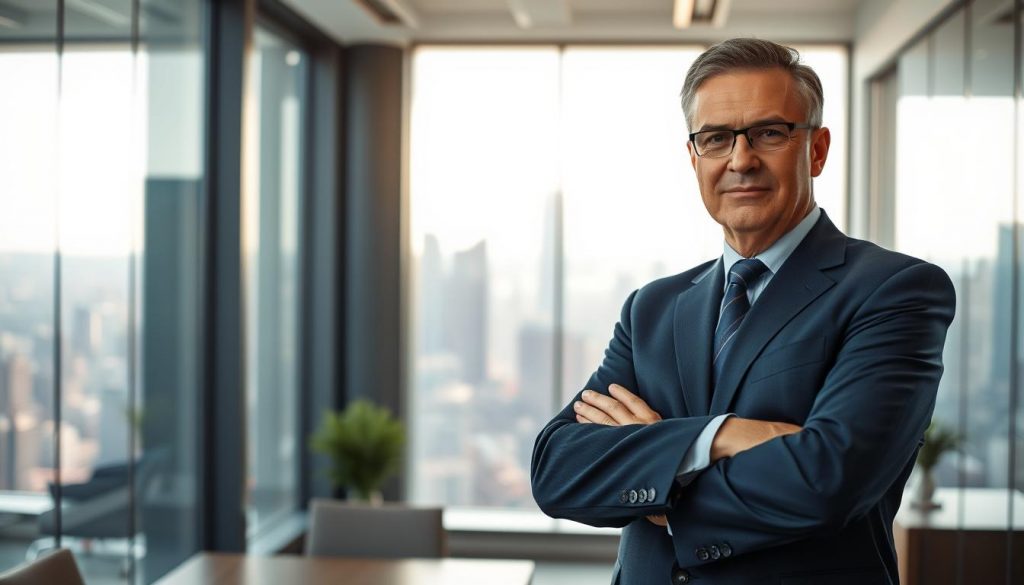 A confident executive standing tall in a modern office, embodying a strong leadership presence. The foreground features the executive, a middle-aged person wearing a tailored navy suit, with a determined expression and arms crossed. In the middle ground, sleek glass windows reveal a bustling city skyline, bathed in soft natural light, creating an atmosphere of ambition and professionalism. The background includes minimalistic office furniture, emphasizing clarity and focus. Shot on a Sony A7R IV at 70mm, the composition is sharply defined with a polarized filter enhancing colors and contrasts. The mood is inspiring and authoritative, reflecting the essence of effective leadership and personal branding. A confident executive standing tall in a modern office, embodying a strong leadership presence. The foreground features the executive, a middle-aged person wearing a tailored navy suit, with a determined expression and arms crossed. In the middle ground, sleek glass windows reveal a bustling city skyline, bathed in soft natural light, creating an atmosphere of ambition and professionalism. The background includes minimalistic office furniture, emphasizing clarity and focus. Shot on a Sony A7R IV at 70mm, the composition is sharply defined with a polarized filter enhancing colors and contrasts. The mood is inspiring and authoritative, reflecting the essence of effective leadership and personal branding.