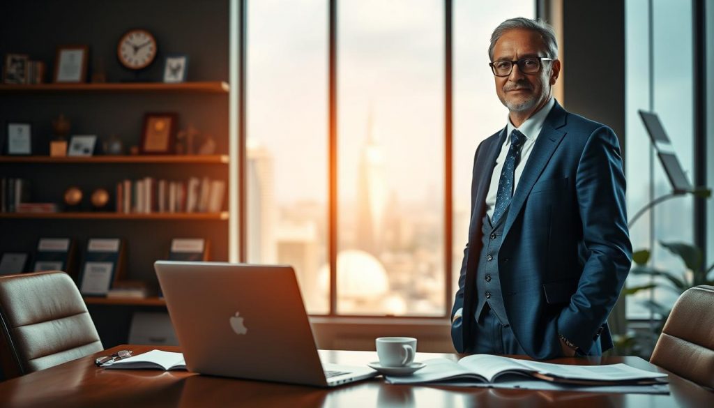 A confident, middle-aged interim manager standing in a modern office environment, wearing a tailored blue suit and stylish glasses, exuding professionalism and calm authority. In the foreground, a desk with a laptop, open documents, and a coffee cup suggest an active work session. In the middle, a large window reveals a bustling city skyline, allowing natural light to flood the room, enhancing the atmosphere of innovation and focus. The background features shelves filled with business books and awards, emphasizing expertise and success. The lighting should be warm and soft, with a slight glow, capturing the essence of a productive workday. Shot on a Sony A7R IV with a 70mm lens, ensuring clear focus and sharp definition, using a polarized filter to reduce glare. A confident, middle-aged interim manager standing in a modern office environment, wearing a tailored blue suit and stylish glasses, exuding professionalism and calm authority. In the foreground, a desk with a laptop, open documents, and a coffee cup suggest an active work session. In the middle, a large window reveals a bustling city skyline, allowing natural light to flood the room, enhancing the atmosphere of innovation and focus. The background features shelves filled with business books and awards, emphasizing expertise and success. The lighting should be warm and soft, with a slight glow, capturing the essence of a productive workday. Shot on a Sony A7R IV with a 70mm lens, ensuring clear focus and sharp definition, using a polarized filter to reduce glare.