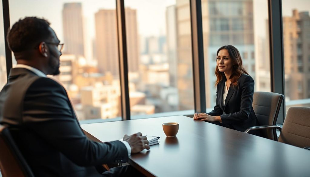 A contemporary office setting, featuring two professionals engaged in an interview. In the foreground, a diverse male interviewer in a tailored suit sits across from a female candidate in smart business attire, both displaying focused expressions. The middle ground showcases a sleek conference table with a notepad and a cup of coffee, while a large window in the background allows warm, natural light to flood the room, creating an inviting atmosphere. Soft shadows enhance the depth, with a blurred cityscape visible outside, indicating a bustling urban environment. Captured with a Sony A7R IV at 70mm, the image is clearly focused and sharply defined, emphasizing professional attire and a respectful exchange. The mood is serious yet optimistic, reflecting a fair and efficient selection process. A contemporary office setting, featuring two professionals engaged in an interview. In the foreground, a diverse male interviewer in a tailored suit sits across from a female candidate in smart business attire, both displaying focused expressions. The middle ground showcases a sleek conference table with a notepad and a cup of coffee, while a large window in the background allows warm, natural light to flood the room, creating an inviting atmosphere. Soft shadows enhance the depth, with a blurred cityscape visible outside, indicating a bustling urban environment. Captured with a Sony A7R IV at 70mm, the image is clearly focused and sharply defined, emphasizing professional attire and a respectful exchange. The mood is serious yet optimistic, reflecting a fair and efficient selection process.