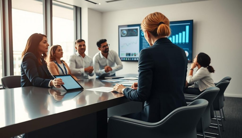 A dynamic business meeting in a modern conference room, focusing on a diverse group of professionals gathered around a sleek table, engaged in discussion. The foreground features a confident female leader using a digital tablet to present a strategic plan, wearing a tailored navy blazer. In the middle, team members, including a thoughtful man in a crisp white shirt and a creative woman in a stylish blouse, brainstorm ideas with enthusiasm, surrounded by digital charts and graphs displayed on a large screen. The background reveals a minimalistic office environment with large windows letting in soft, natural light, creating an inspiring atmosphere. Shot on a Sony A7R IV at 70mm, ensuring a clearly focused and sharply defined image, enhanced with a polarized filter for clear colors and contrast. A dynamic business meeting in a modern conference room, focusing on a diverse group of professionals gathered around a sleek table, engaged in discussion. The foreground features a confident female leader using a digital tablet to present a strategic plan, wearing a tailored navy blazer. In the middle, team members, including a thoughtful man in a crisp white shirt and a creative woman in a stylish blouse, brainstorm ideas with enthusiasm, surrounded by digital charts and graphs displayed on a large screen. The background reveals a minimalistic office environment with large windows letting in soft, natural light, creating an inspiring atmosphere. Shot on a Sony A7R IV at 70mm, ensuring a clearly focused and sharply defined image, enhanced with a polarized filter for clear colors and contrast.