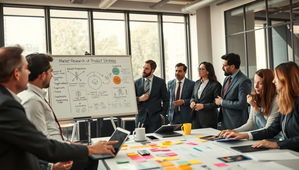 A dynamic business meeting scene showcasing the fundamentals of product strategy. In the foreground, a diverse group of professionals in smart business attire are engaged in discussion, analyzing a whiteboard filled with diagrams and keywords like "Market Research," "Target Audience," and "Value Proposition." In the middle ground, a large table is scattered with colorful sticky notes, digital devices, and charts representing data analytics and customer feedback. The background features a modern office space with large windows allowing soft natural light to illuminate the scene, creating a warm, collaborative atmosphere. The image is shot on a Sony A7R IV at 70mm, with a clearly focused composition and a polarized filter enhancing colors and details, conveying an inspiring mood of teamwork and strategic innovation. A dynamic business meeting scene showcasing the fundamentals of product strategy. In the foreground, a diverse group of professionals in smart business attire are engaged in discussion, analyzing a whiteboard filled with diagrams and keywords like "Market Research," "Target Audience," and "Value Proposition." In the middle ground, a large table is scattered with colorful sticky notes, digital devices, and charts representing data analytics and customer feedback. The background features a modern office space with large windows allowing soft natural light to illuminate the scene, creating a warm, collaborative atmosphere. The image is shot on a Sony A7R IV at 70mm, with a clearly focused composition and a polarized filter enhancing colors and details, conveying an inspiring mood of teamwork and strategic innovation.