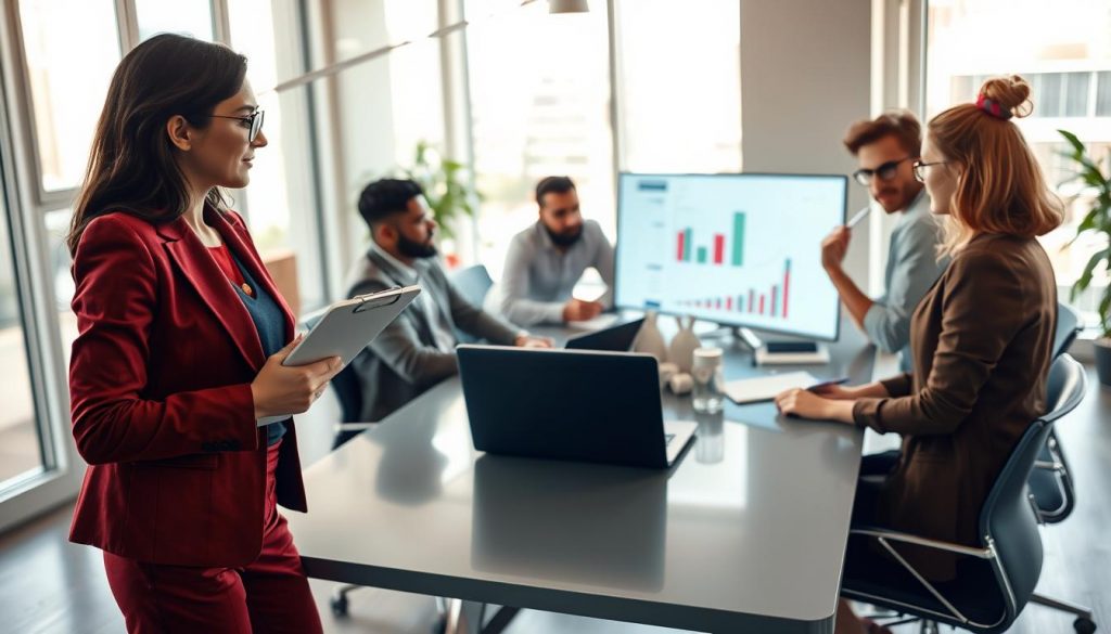 A dynamic workspace scene featuring a diverse team of professionals engaged in a lively feedback session. In the foreground, a confident woman in a sharp business outfit holds a clipboard, actively discussing ideas with her colleagues who are seated around a sleek modern conference table. The middle ground captures a variety of team members, including a man in smart casual attire taking notes on a laptop, and a thoughtful woman with glasses analyzing charts on a large screen. The background shows a bright, open-plan office with large windows allowing natural light to flood in, creating an energetic and collaborative atmosphere. The overall mood conveys efficiency and teamwork, emphasizing the importance of collaboration and open communication. Shot with a Sony A7R IV at 70mm, ensuring sharp focus with a polarized filter for enhanced clarity and depth. A dynamic workspace scene featuring a diverse team of professionals engaged in a lively feedback session. In the foreground, a confident woman in a sharp business outfit holds a clipboard, actively discussing ideas with her colleagues who are seated around a sleek modern conference table. The middle ground captures a variety of team members, including a man in smart casual attire taking notes on a laptop, and a thoughtful woman with glasses analyzing charts on a large screen. The background shows a bright, open-plan office with large windows allowing natural light to flood in, creating an energetic and collaborative atmosphere. The overall mood conveys efficiency and teamwork, emphasizing the importance of collaboration and open communication. Shot with a Sony A7R IV at 70mm, ensuring sharp focus with a polarized filter for enhanced clarity and depth.
