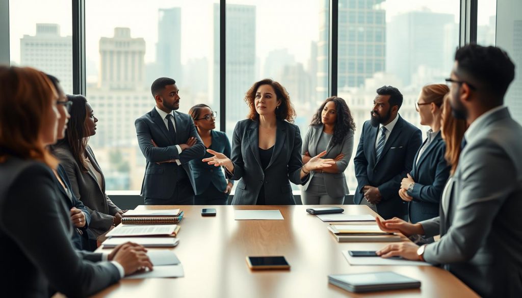 A group of diverse business leaders engaged in a dynamic discussion in a modern office setting, capturing an atmosphere of collaboration and empowerment. In the foreground, a confident woman in a tailored suit gestures as she shares her ideas, surrounded by attentive colleagues in smart business attire. The middle ground features a large conference table scattered with documents and digital devices, while a large window in the background reveals a bustling cityscape. Soft, natural light filters through, enhancing the professional ambiance. The shot is taken with a Sony A7R IV at 70mm, ensuring clear focus on the subjects, with sharp definitions and a polarized filter to reduce glare, creating a mood of productivity and teamwork. A group of diverse business leaders engaged in a dynamic discussion in a modern office setting, capturing an atmosphere of collaboration and empowerment. In the foreground, a confident woman in a tailored suit gestures as she shares her ideas, surrounded by attentive colleagues in smart business attire. The middle ground features a large conference table scattered with documents and digital devices, while a large window in the background reveals a bustling cityscape. Soft, natural light filters through, enhancing the professional ambiance. The shot is taken with a Sony A7R IV at 70mm, ensuring clear focus on the subjects, with sharp definitions and a polarized filter to reduce glare, creating a mood of productivity and teamwork.
