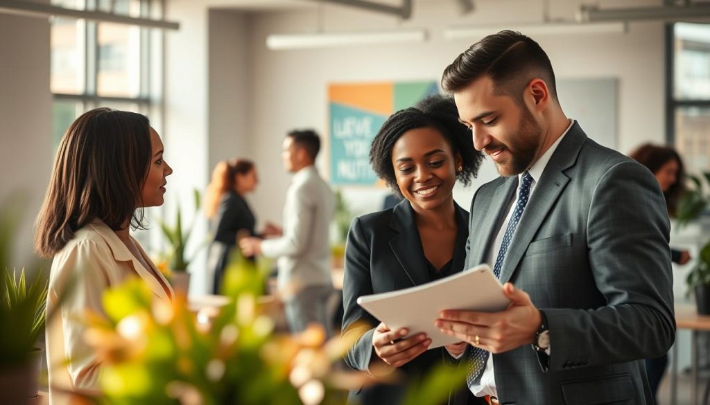 A group of diverse professionals in a modern office environment, actively engaged in a lively discussion. In the foreground, focus on two employees: a Black woman and a Caucasian man, both in smart business attire, sharing ideas while reviewing documents on a tablet. The middle ground reveals coworkers collaborating at standing desks, with vibrant plants and motivational posters in the background, enhancing the dynamic atmosphere. Soft, natural light filters through large windows, creating a warm and inviting ambiance, captured using a Sony A7R IV at 70mm for sharp clarity. The overall mood is professional yet approachable, emphasizing teamwork and the significance of employees as corporate influencers.
