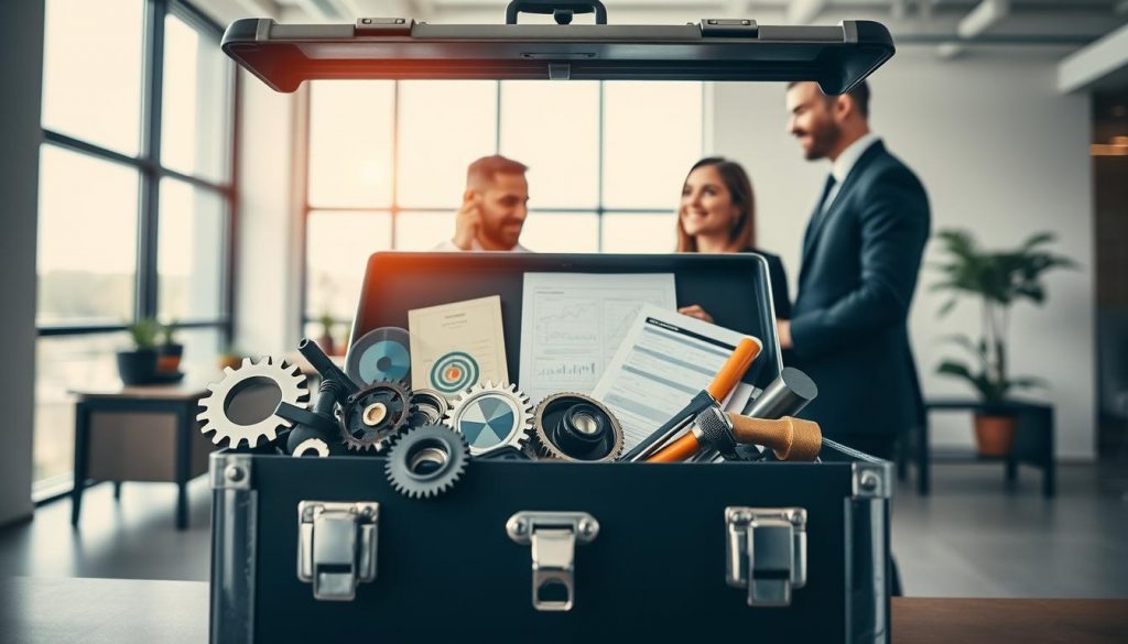 A modern and innovative "Methoden-Toolbox" for strategy and development in a business environment. In the foreground, display a sleek, open toolbox overflowing with various professional tools, including gears, charts, and digital devices like tablets showing strategy maps. In the middle ground, a diverse group of three professionals in business attire—a woman and two men—collaborate over the toolbox, discussing ideas enthusiastically. The background features a minimalist office setting with large windows allowing natural light to flood the room, creating a bright and motivational atmosphere. The shot is captured with a Sony A7R IV at 70mm, ensuring clear focus and sharp definition, complemented by a polarized filter to enhance colors and details, conveying a sense of professionalism and creativity. A modern and innovative "Methoden-Toolbox" for strategy and development in a business environment. In the foreground, display a sleek, open toolbox overflowing with various professional tools, including gears, charts, and digital devices like tablets showing strategy maps. In the middle ground, a diverse group of three professionals in business attire—a woman and two men—collaborate over the toolbox, discussing ideas enthusiastically. The background features a minimalist office setting with large windows allowing natural light to flood the room, creating a bright and motivational atmosphere. The shot is captured with a Sony A7R IV at 70mm, ensuring clear focus and sharp definition, complemented by a polarized filter to enhance colors and details, conveying a sense of professionalism and creativity.