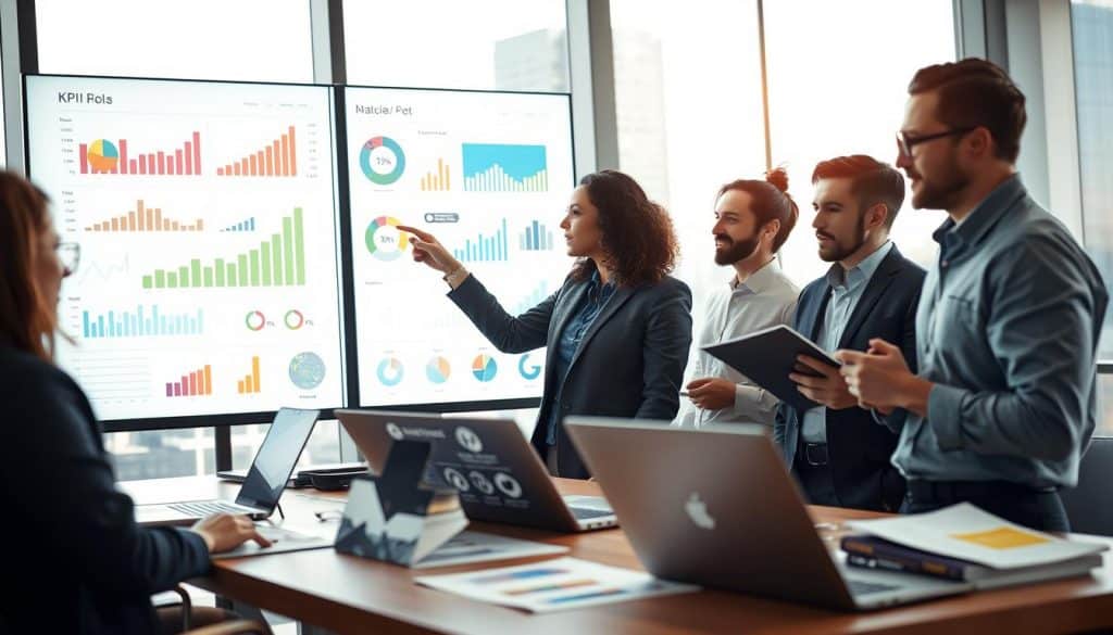 A modern office setting featuring a group of diverse professionals engaged in a dynamic discussion over a large digital screen displaying various key performance indicators (KPIs), graphs, and metrics. In the foreground, a confident woman in business attire points at a glowing chart, while a man next to her takes notes, thoughtfully analyzing the data. In the middle ground, a stylish conference table is littered with laptops and colorful reports, highlighting the importance of metrics in product management. In the background, large windows reveal a bustling cityscape, bathed in natural light, creating a bright, optimistic atmosphere. The image is shot with a Sony A7R IV at 70mm, ensuring sharp focus on the details, with a polarized filter enhancing the clarity and vibrancy of colors. A modern office setting featuring a group of diverse professionals engaged in a dynamic discussion over a large digital screen displaying various key performance indicators (KPIs), graphs, and metrics. In the foreground, a confident woman in business attire points at a glowing chart, while a man next to her takes notes, thoughtfully analyzing the data. In the middle ground, a stylish conference table is littered with laptops and colorful reports, highlighting the importance of metrics in product management. In the background, large windows reveal a bustling cityscape, bathed in natural light, creating a bright, optimistic atmosphere. The image is shot with a Sony A7R IV at 70mm, ensuring sharp focus on the details, with a polarized filter enhancing the clarity and vibrancy of colors.