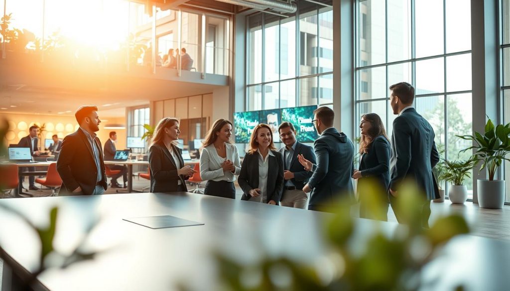 A modern office space reflecting the dynamic company culture of Microsoft. In the foreground, a diverse group of professionals in smart business attire engage in an animated discussion around a sleek conference table. The middle ground features an open plan workspace with creative collaborative areas, vibrant plants, and digital displays showcasing innovation. In the background, large windows allow natural light to flood the space, illuminating contemporary architecture that symbolizes transformation. The atmosphere conveys energy and collaboration, emphasizing proactive cultural change. Shot on a Sony A7R IV at 70mm, with a polarized filter to enhance clarity and detail, focus on sharp lines and vivid colors that capture the essence of a thriving organizational culture. A modern office space reflecting the dynamic company culture of Microsoft. In the foreground, a diverse group of professionals in smart business attire engage in an animated discussion around a sleek conference table. The middle ground features an open plan workspace with creative collaborative areas, vibrant plants, and digital displays showcasing innovation. In the background, large windows allow natural light to flood the space, illuminating contemporary architecture that symbolizes transformation. The atmosphere conveys energy and collaboration, emphasizing proactive cultural change. Shot on a Sony A7R IV at 70mm, with a polarized filter to enhance clarity and detail, focus on sharp lines and vivid colors that capture the essence of a thriving organizational culture.