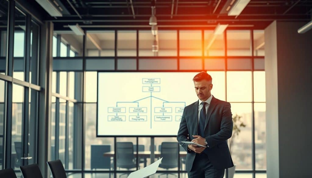 A professional business consultant standing confidently in a modern office space, symbolizing the concept of "Interim Management." The foreground features the consultant in smart business attire, looking thoughtfully at a document on their desk. In the middle ground, a large digital screen displays a complex flowchart juxtaposing interim management and consulting strategies. The background showcases a sleek, contemporary office environment with large windows that allow natural light to fill the room, creating a warm and inviting atmosphere. Shot with a Sony A7R IV at 70mm, the image is sharply defined and clearly focused. The mood is one of professionalism and adaptability, highlighting the versatility between different management approaches while ensuring a sense of balance and clarity. A professional business consultant standing confidently in a modern office space, symbolizing the concept of "Interim Management." The foreground features the consultant in smart business attire, looking thoughtfully at a document on their desk. In the middle ground, a large digital screen displays a complex flowchart juxtaposing interim management and consulting strategies. The background showcases a sleek, contemporary office environment with large windows that allow natural light to fill the room, creating a warm and inviting atmosphere. Shot with a Sony A7R IV at 70mm, the image is sharply defined and clearly focused. The mood is one of professionalism and adaptability, highlighting the versatility between different management approaches while ensuring a sense of balance and clarity.