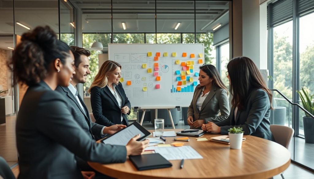 A professional business consulting scene showcasing key focus areas of organizational consulting. In the foreground, a diverse group of four consultants in business attire engage around a round table, examining data on a tablet and discussing strategies. The middle ground features a large whiteboard filled with organized notes, graphs, and colorful sticky notes, symbolizing brainstorming and strategic planning. The background consists of a modern office environment with glass walls, large windows allowing natural light to pour in, and greenery visible outside, creating an open and inspiring atmosphere. The scene is captured from a slightly elevated angle, shot on a Sony A7R IV with a 70mm lens for a crisp, detailed effect, using a polarized filter to enhance colors and minimize glare. The overall mood is collaborative, dynamic, and optimistic. A professional business consulting scene showcasing key focus areas of organizational consulting. In the foreground, a diverse group of four consultants in business attire engage around a round table, examining data on a tablet and discussing strategies. The middle ground features a large whiteboard filled with organized notes, graphs, and colorful sticky notes, symbolizing brainstorming and strategic planning. The background consists of a modern office environment with glass walls, large windows allowing natural light to pour in, and greenery visible outside, creating an open and inspiring atmosphere. The scene is captured from a slightly elevated angle, shot on a Sony A7R IV with a 70mm lens for a crisp, detailed effect, using a polarized filter to enhance colors and minimize glare. The overall mood is collaborative, dynamic, and optimistic.